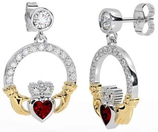 Diamond Garnet White Yellow Gold Claddagh Dangle Earrings