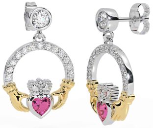 Diamond Pink Tourmaline White Yellow Gold Claddagh Dangle Earrings