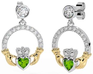 Diamond Peridot White Yellow Gold Claddagh Dangle Earrings
