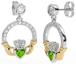 Diamond Peridot White Yellow Gold Claddagh Dangle Earrings