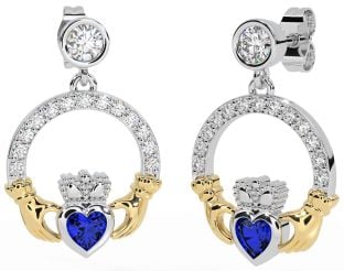 Diamond Sapphire White Yellow Gold Claddagh Dangle Earrings