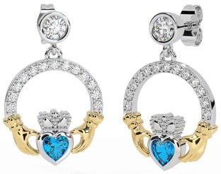 Diamond Topaz White Yellow Gold Claddagh Dangle Earrings