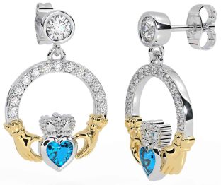 Diamond Topaz White Yellow Gold Claddagh Dangle Earrings