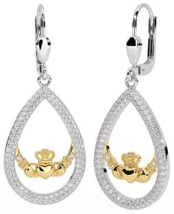 Diamond Gold Silver Claddagh Dangle Earrings