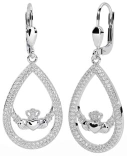 Diamond White Gold Claddagh Dangle Earrings