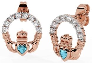 Diamond Aquamarine Rose Gold Silver Claddagh Dangle Earrings
