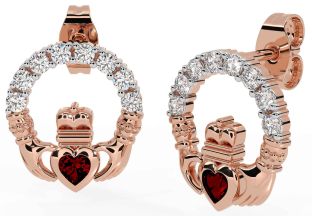 Diamond Garnet Rose Gold Silver Claddagh Dangle Earrings