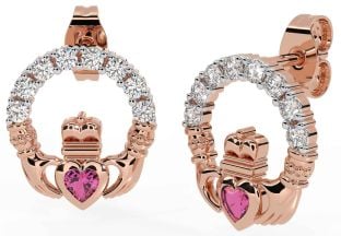Diamond Pink Tourmaline Rose Gold Silver Claddagh Dangle Earrings