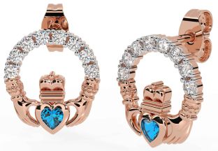 Diamond Topaz Rose Gold Silver Claddagh Dangle Earrings