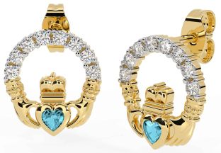 Diamond Aquamarine Gold Silver Claddagh Dangle Earrings