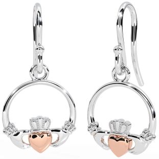 White Rose Gold Claddagh Dangle Earrings