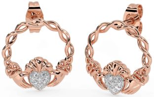 Diamond Rose Gold Silver Celtic Claddagh Trinity Knot Dangle Earrings