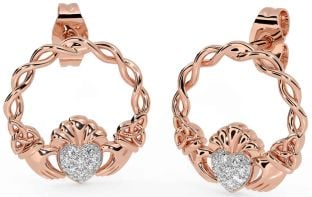 Diamond Rose Gold Celtic Claddagh Trinity Knot Dangle Earrings