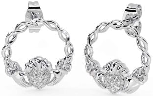 Diamond Silver Celtic Claddagh Trinity Knot Dangle Earrings