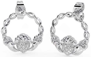 Diamond White Gold Celtic Claddagh Trinity Knot Dangle Earrings