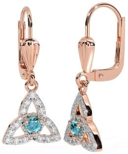 Diamond Aquamarine Rose Gold Silver Celtic Trinity Knot Dangle Earrings