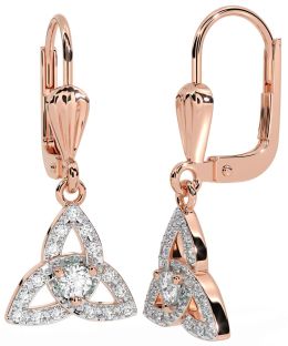Diamond Rose Gold Silver Celtic Trinity Knot Dangle Earrings