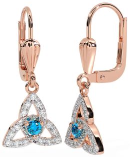 Diamond Topaz Rose Gold Silver Celtic Trinity Knot Dangle Earrings