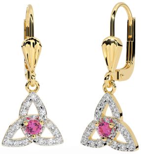 Diamond Pink Tourmaline Gold Silver Celtic Trinity Knot Dangle Earrings