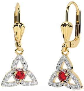 Diamond Ruby Gold Silver Celtic Trinity Knot Dangle Earrings