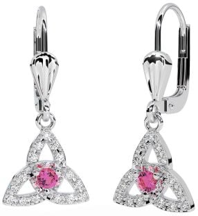 Diamond Pink Tourmaline Silver Celtic Trinity Knot Dangle Earrings