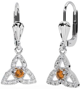 Diamond Citrine White Gold Celtic Trinity Knot Dangle Earrings