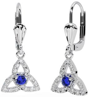 Diamond Sapphire White Gold Celtic Trinity Knot Dangle Earrings