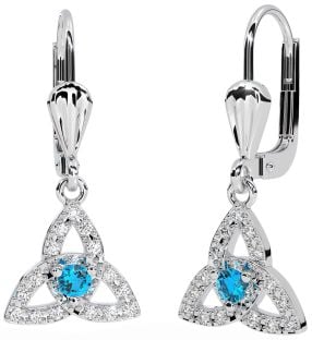 Diamond Topaz White Gold Celtic Trinity Knot Dangle Earrings