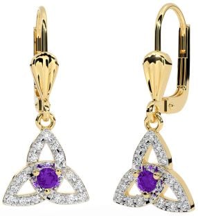 Diamond Amethyst Gold Celtic Trinity Knot Dangle Earrings