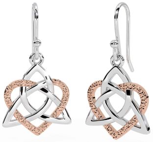 White Rose Gold Celtic Trinity Knot Heart Dangle Earrings