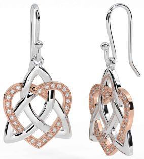 Diamond Rose Gold Silver Celtic Trinity Knot Heart Dangle Earrings