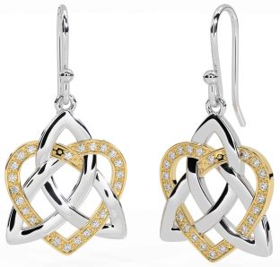 Diamond Gold Silver Celtic Trinity Knot Heart Dangle Earrings