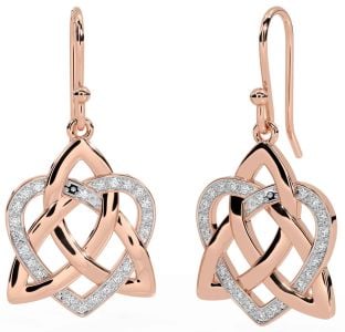 Diamond Rose Gold Silver Celtic Trinity Knot Heart Dangle Earrings