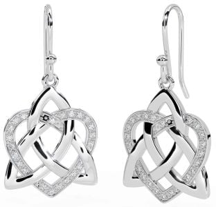 Diamond Silver Celtic Trinity Knot Heart Dangle Earrings