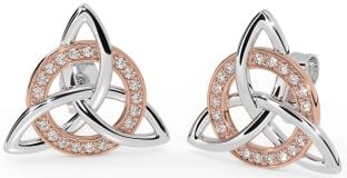 Diamond Rose Gold Silver Celtic Trinity Knot Stud Earrings