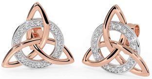 Diamond Rose Gold Silver Celtic Trinity Knot Stud Earrings