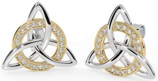 Diamond White Yellow Gold Celtic Trinity Knot Stud Earrings