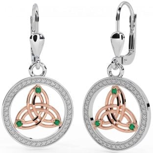 Emerald Rose Gold Silver Celtic Trinity Knot Dangle Earrings