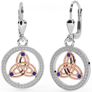 Sapphire Rose Gold Silver Celtic Trinity Knot Dangle Earrings