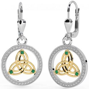 Emerald Gold Silver Celtic Trinity Knot Dangle Earrings