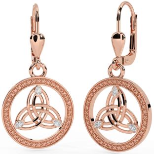 Diamond Rose Gold Silver Celtic Trinity Knot Dangle Earrings