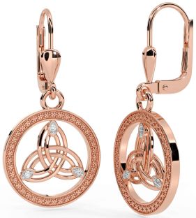 Diamond Rose Gold Silver Celtic Trinity Knot Dangle Earrings