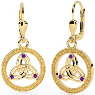 Amethyst Gold Silver Celtic Trinity Knot Dangle Earrings