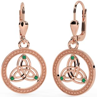 Emerald Rose Gold Celtic Trinity Knot Dangle Earrings
