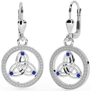 Sapphire White Gold Celtic Trinity Knot Dangle Earrings