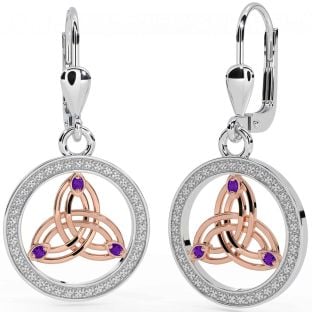 Amethyst White Rose Gold Celtic Trinity Knot Dangle Earrings