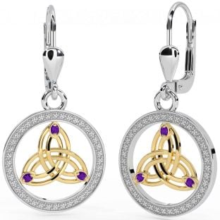 Amethyst White Yellow Gold Celtic Trinity Knot Dangle Earrings