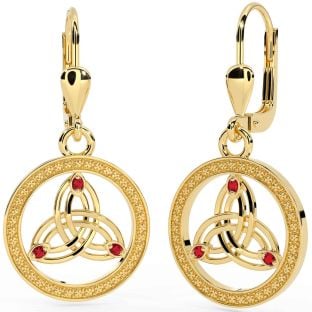 Ruby Gold Celtic Trinity Knot Dangle Earrings