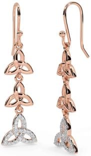 Diamond Rose Gold Silver Celtic Trinity Knot Dangle Earrings