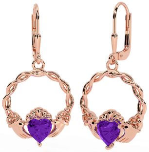 Amethyst Rose Gold Silver Celtic Claddagh Trinity Knot Dangle Earrings